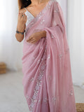 Light Pink Chiffon Shaded Crush Sequins And Moti And Cutdana Work Saree With Blouse Piece