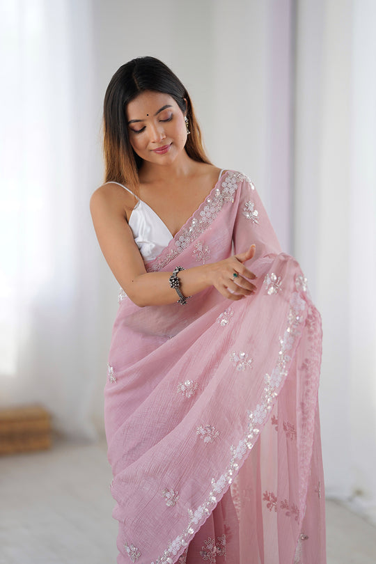 Light Pink Chiffon Shaded Crush Sequins And Moti And Cutdana Work Saree With Blouse Piece