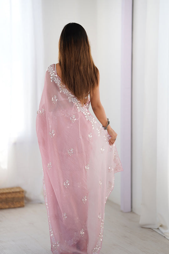 Light Pink Chiffon Shaded Crush Sequins And Moti And Cutdana Work Saree With Blouse Piece