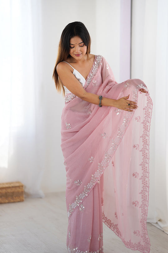 Light Pink Chiffon Shaded Crush Sequins And Moti And Cutdana Work Saree With Blouse Piece