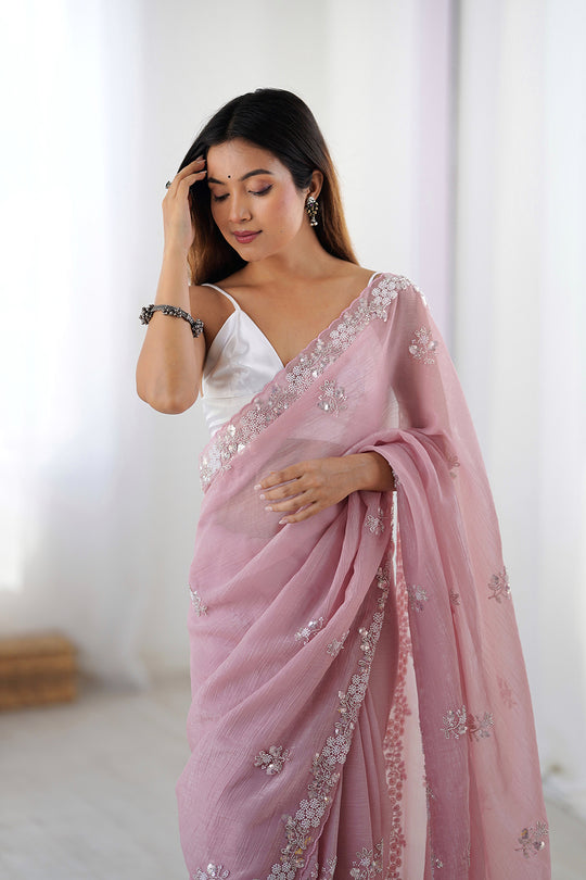 Light Pink Chiffon Shaded Crush Sequins And Moti And Cutdana Work Saree With Blouse Piece