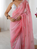 Pink Chiffon Shaded Crush Sequins And Moti And Cutdana Work Saree With Blouse Piece