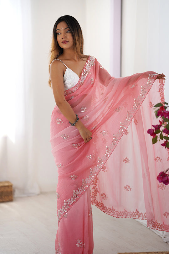 Pink Chiffon Shaded Crush Sequins And Moti And Cutdana Work Saree With Blouse Piece