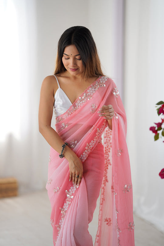 Pink Chiffon Shaded Crush Sequins And Moti And Cutdana Work Saree With Blouse Piece