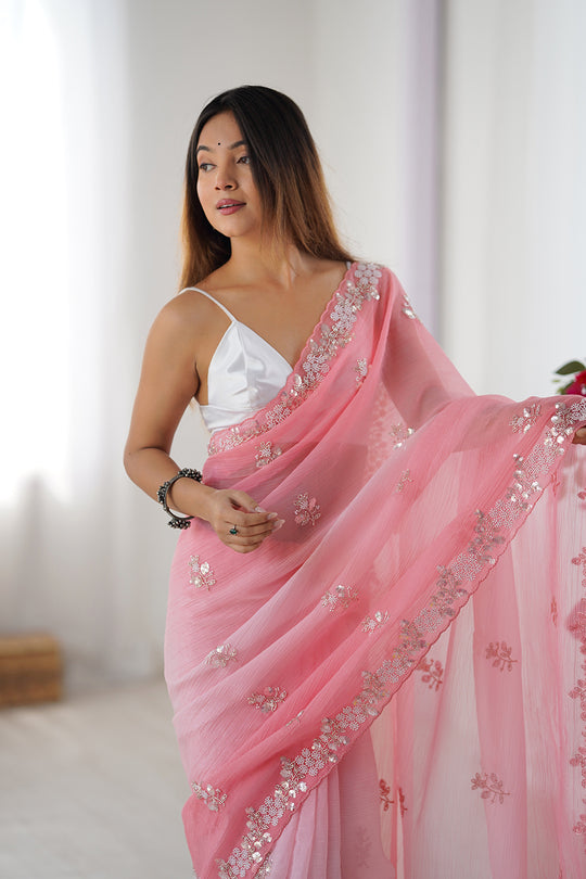Pink Chiffon Shaded Crush Sequins And Moti And Cutdana Work Saree With Blouse Piece