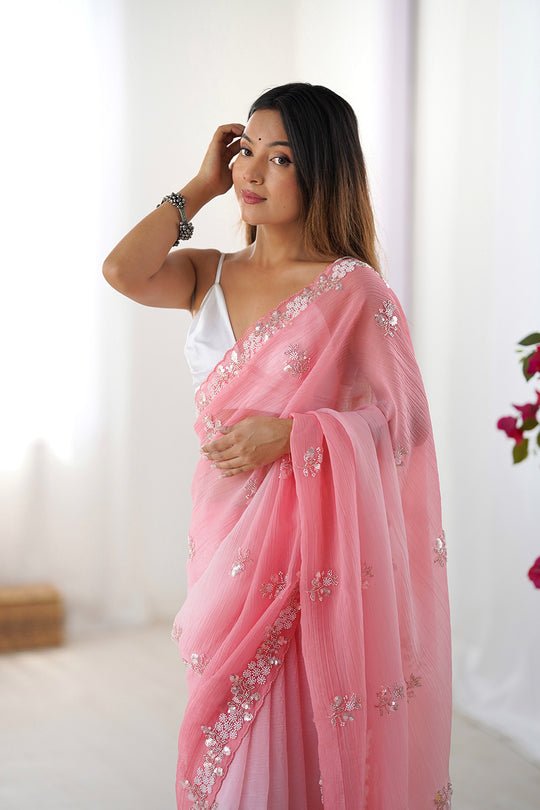 Pink Chiffon Shaded Crush Sequins And Moti And Cutdana Work Saree With Blouse Piece