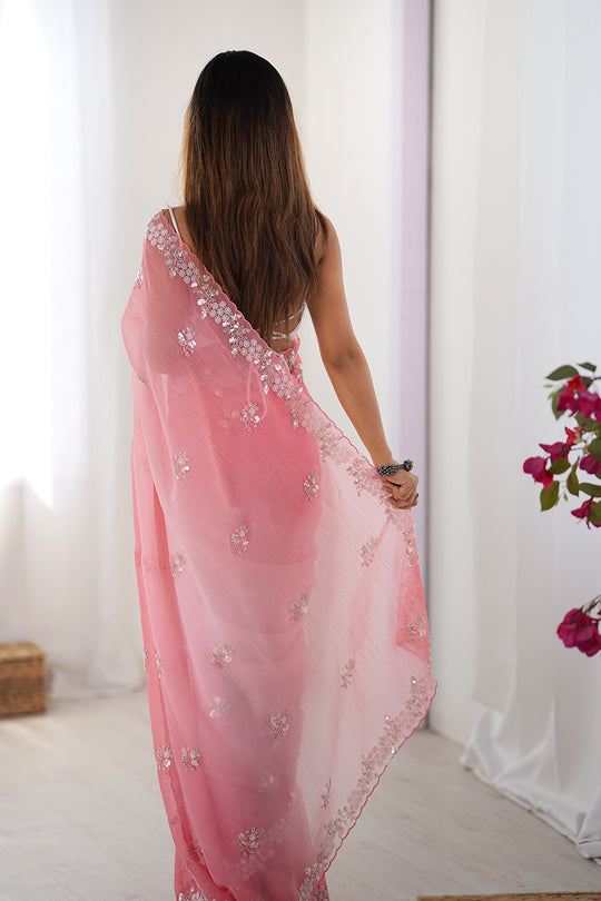 Pink Chiffon Shaded Crush Sequins And Moti And Cutdana Work Saree With Blouse Piece
