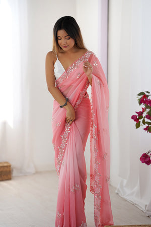 Pink Chiffon Shaded Crush Sequins And Moti And Cutdana Work Saree With Blouse Piece