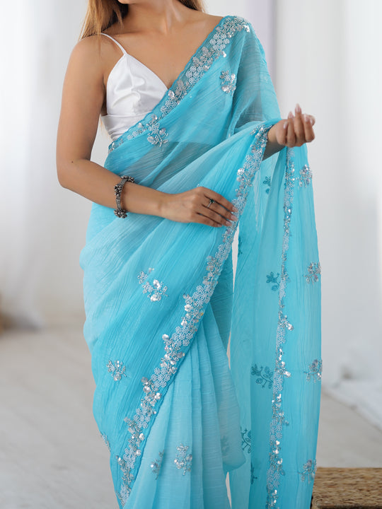 Sky Blue Chiffon Shaded Crush Sequins And Moti And Cutdana Work Saree With Blouse Piece