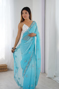 Sky Blue Chiffon Shaded Crush Sequins And Moti And Cutdana Work Saree With Blouse Piece