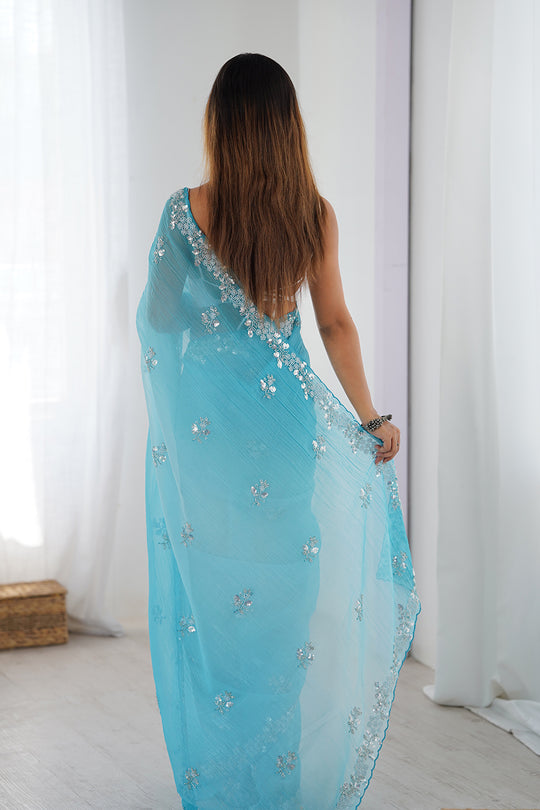 Sky Blue Chiffon Shaded Crush Sequins And Moti And Cutdana Work Saree With Blouse Piece
