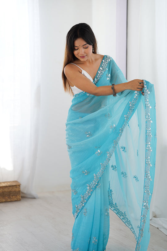 Sky Blue Chiffon Shaded Crush Sequins And Moti And Cutdana Work Saree With Blouse Piece