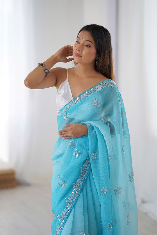 Sky Blue Chiffon Shaded Crush Sequins And Moti And Cutdana Work Saree With Blouse Piece