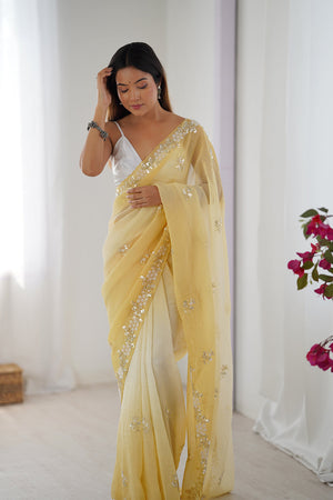 Yellow Chiffon Shaded Crush Sequins And Moti And Cutdana Work Saree With Blouse Piece