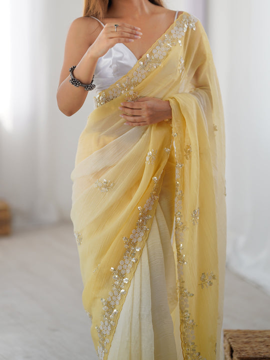 Yellow Chiffon Shaded Crush Sequins And Moti And Cutdana Work Saree With Blouse Piece