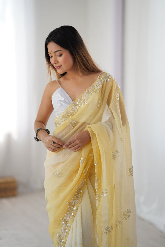 Yellow Chiffon Shaded Crush Sequins And Moti And Cutdana Work Saree With Blouse Piece