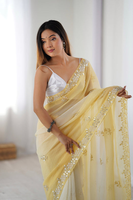 Yellow Chiffon Shaded Crush Sequins And Moti And Cutdana Work Saree With Blouse Piece