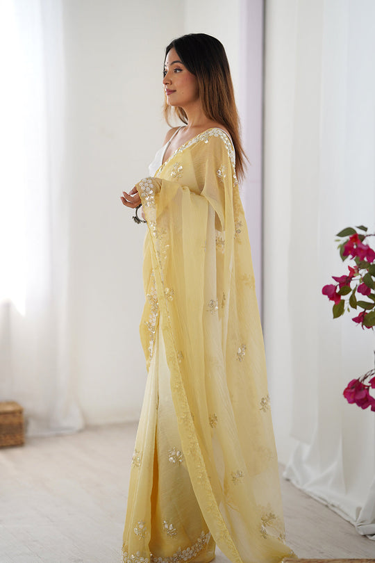 Yellow Chiffon Shaded Crush Sequins And Moti And Cutdana Work Saree With Blouse Piece