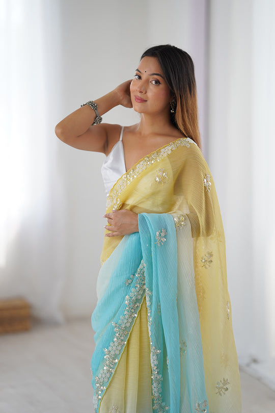 Multi Colour Chiffon Shaded Crush Sequins And Moti And Cutdana Work Saree With Blouse Piece