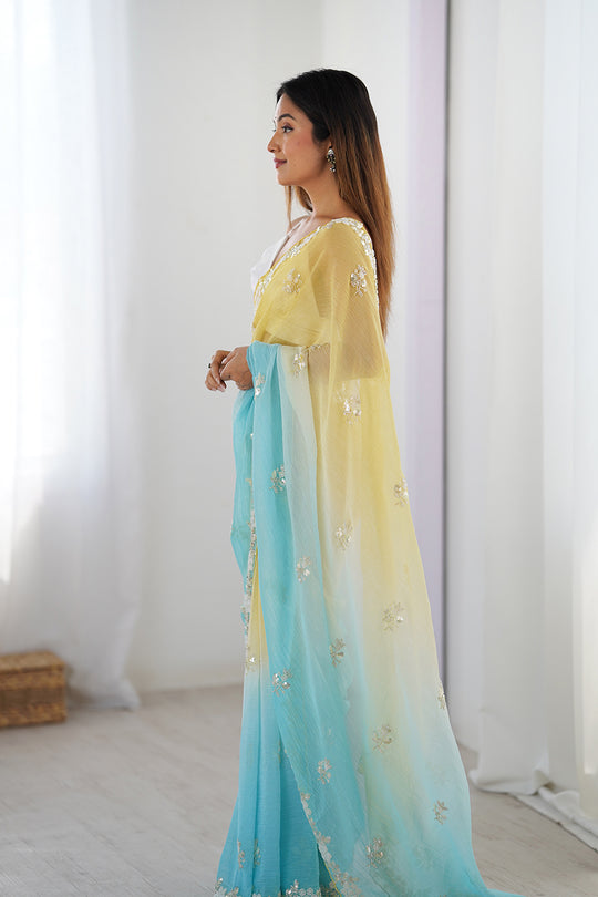 Multi Colour Chiffon Shaded Crush Sequins And Moti And Cutdana Work Saree With Blouse Piece