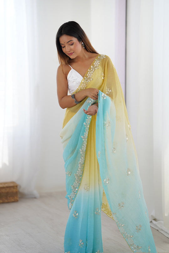 Multi Colour Chiffon Shaded Crush Sequins And Moti And Cutdana Work Saree With Blouse Piece