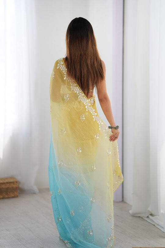 Multi Colour Chiffon Shaded Crush Sequins And Moti And Cutdana Work Saree With Blouse Piece