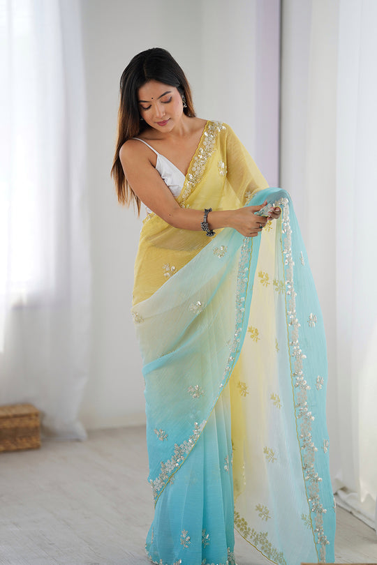 Multi Colour Chiffon Shaded Crush Sequins And Moti And Cutdana Work Saree With Blouse Piece