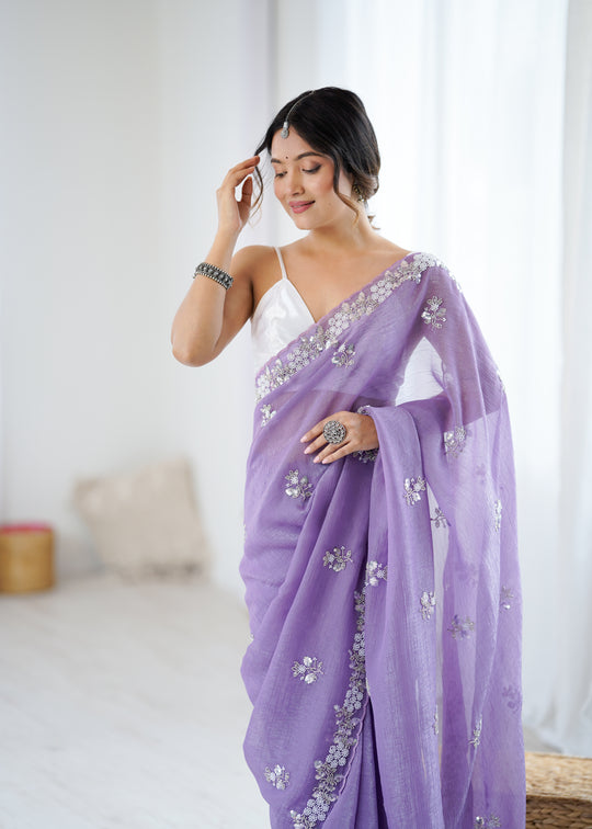 Chiffon Shaded Crush  Sequins And Moti And Cut Dana Embroidered  Work Ultra Satin Blouse Piece