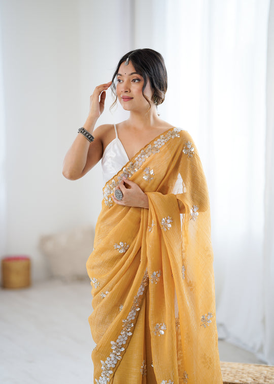 Chiffon Shaded Crush  Sequins And Moti And Cut Dana Embroidered  Work Ultra Satin Blouse Piece