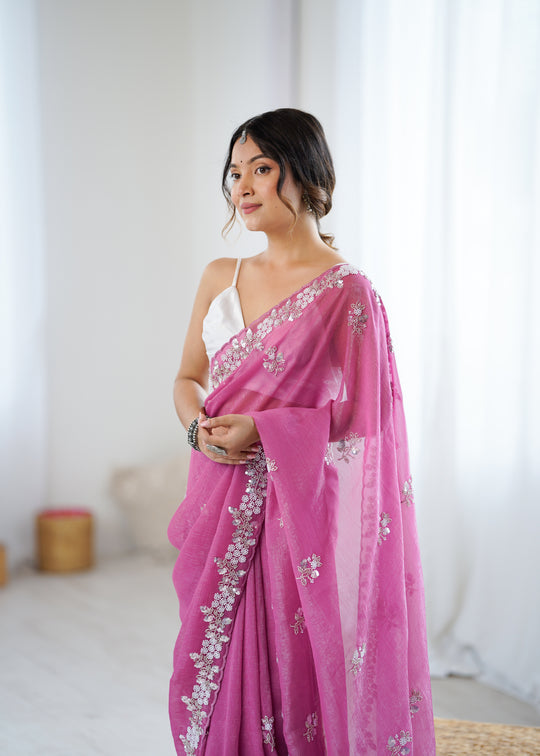 Chiffon Shaded Crush  Sequins And Moti And Cut Dana Embroidered  Work Ultra Satin Blouse Piece