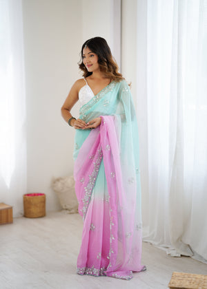 Chiffon Shaded Crush  Sequins And Moti And Cut Dana Embroidered  Work Ultra Satin Blouse Piece