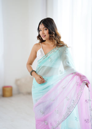 Chiffon Shaded Crush  Sequins And Moti And Cut Dana Embroidered  Work Ultra Satin Blouse Piece