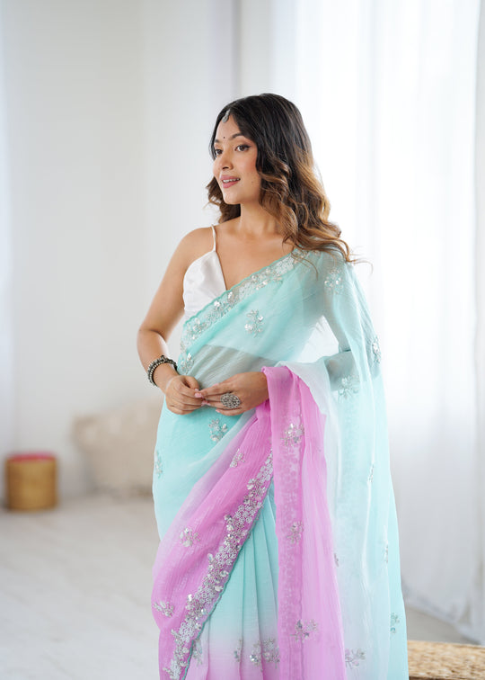 Chiffon Shaded Crush  Sequins And Moti And Cut Dana Embroidered  Work Ultra Satin Blouse Piece