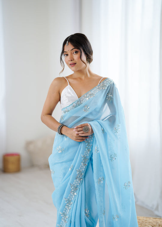 Chiffon Shaded Crush  Sequins And Moti And Cut Dana Embroidered  Work Ultra Satin Blouse Piece