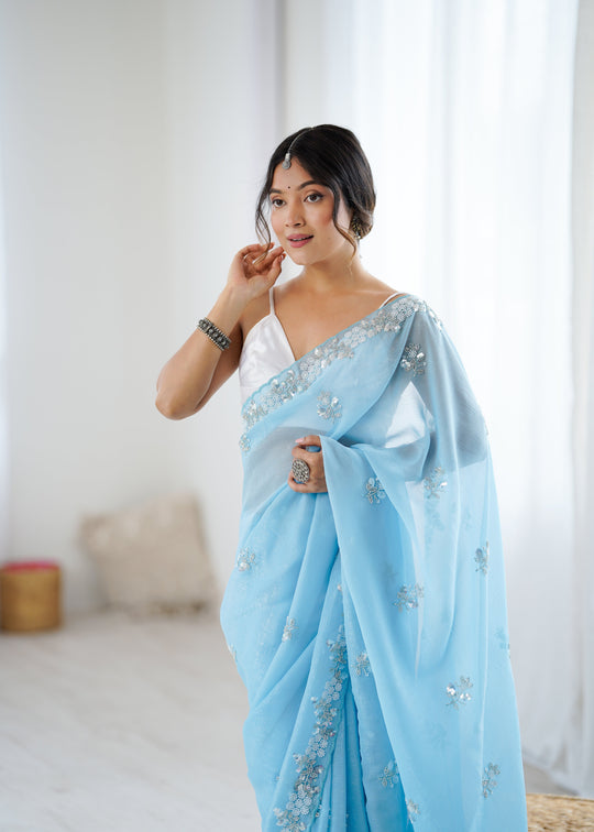 Chiffon Shaded Crush  Sequins And Moti And Cut Dana Embroidered  Work Ultra Satin Blouse Piece