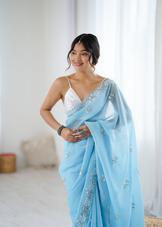 Chiffon Shaded Crush  Sequins And Moti And Cut Dana Embroidered  Work Ultra Satin Blouse Piece