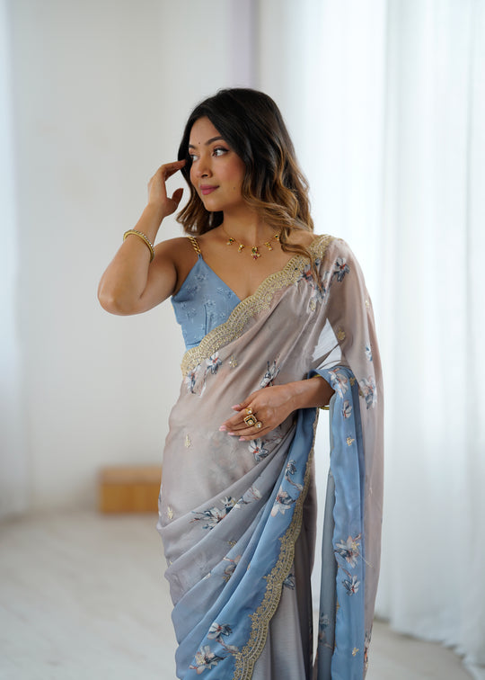 Satin Chiffon With Hand Print Sequins And Dori Embroidered Work With Satin Chiffon Blouse Piece