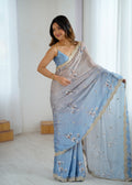 Satin Chiffon With Hand Print Sequins And Dori Embroidered Work With Satin Chiffon Blouse Piece