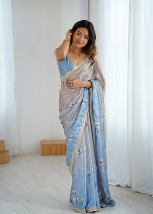 Satin Chiffon With Hand Print Sequins And Dori Embroidered Work With Satin Chiffon Blouse Piece