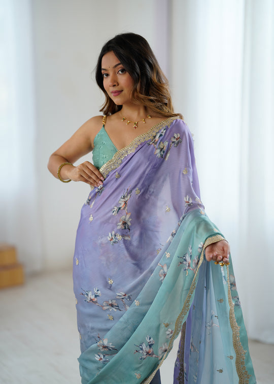 Satin Chiffon With Hand Print Sequins And Dori Embroidered Work With Satin Chiffon Blouse Piece