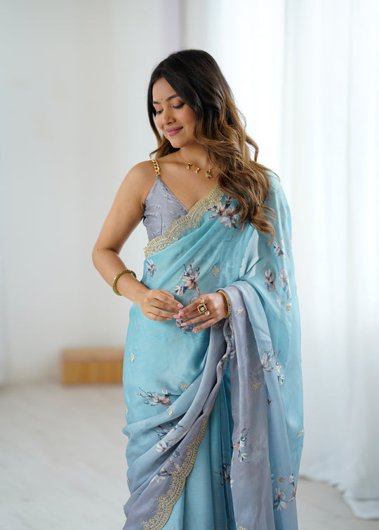 Satin Chiffon With Hand Print Sequins And Dori Embroidered Work With Satin Chiffon Blouse Piece