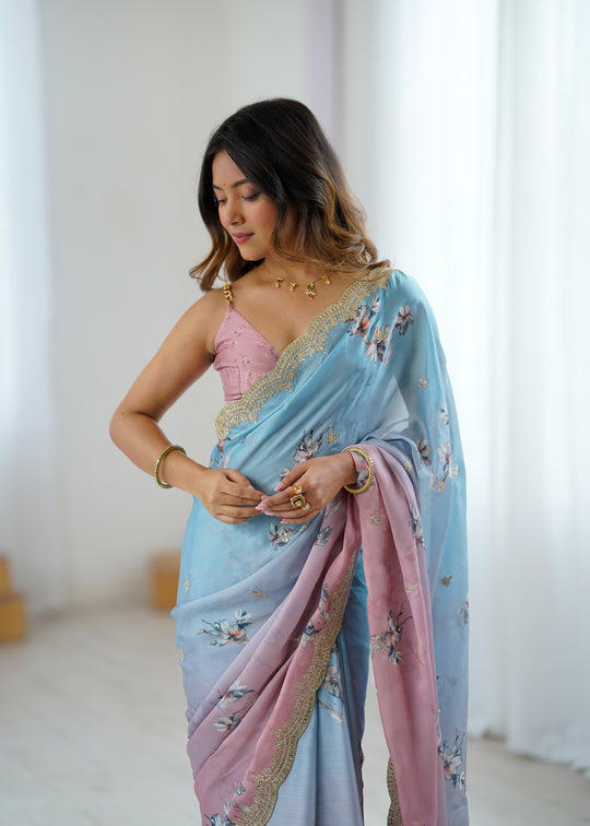 Satin Chiffon With Hand Print Sequins And Dori Embroidered Work With Satin Chiffon Blouse Piece