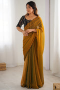 Mustard Yellow Chiffon Silk Contrast Thead Aarco Border Sequins Work Saree With Blouse Piece