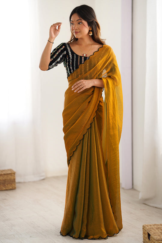 Mustard Yellow Chiffon Silk Contrast Thead Aarco Border Sequins Work Saree With Blouse Piece
