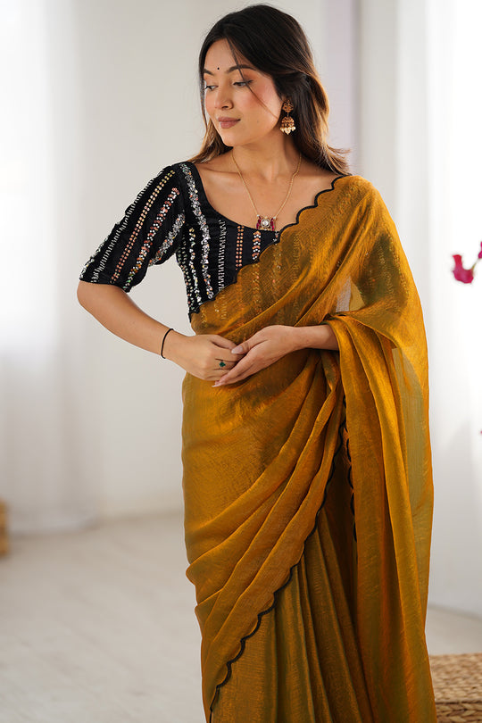 Mustard Yellow Chiffon Silk Contrast Thead Aarco Border Sequins Work Saree With Blouse Piece