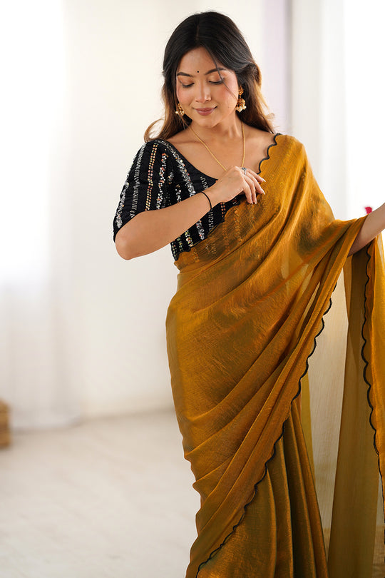 Mustard Yellow Chiffon Silk Contrast Thead Aarco Border Sequins Work Saree With Blouse Piece