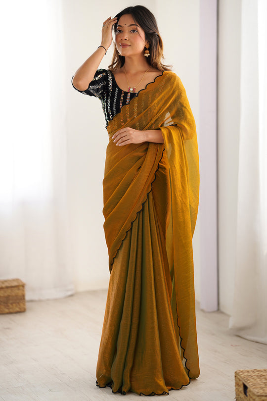 Mustard Yellow Chiffon Silk Contrast Thead Aarco Border Sequins Work Saree With Blouse Piece