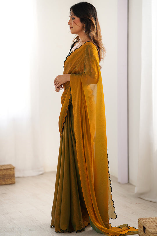Mustard Yellow Chiffon Silk Contrast Thead Aarco Border Sequins Work Saree With Blouse Piece