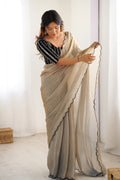 Beige And Black Chiffon Silk Contrast Thead Aarco Border Sequins Work Saree With Blouse Piece