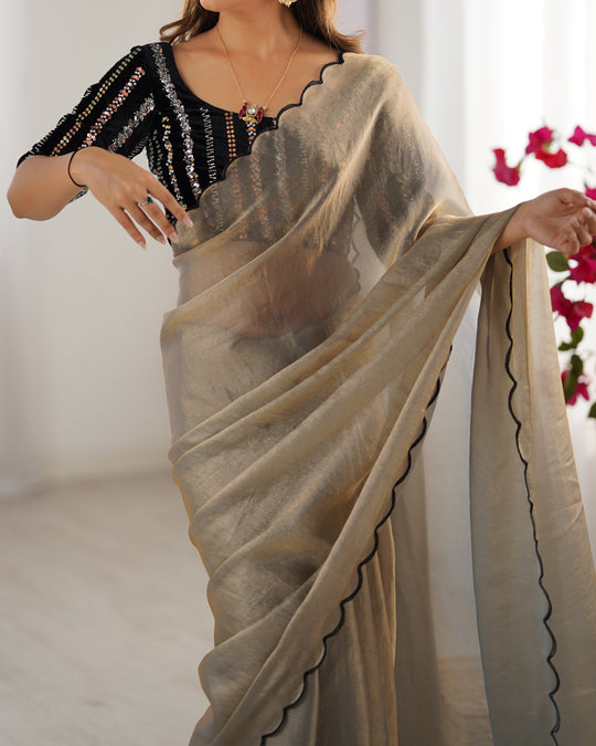 Beige And Black Chiffon Silk Contrast Thead Aarco Border Sequins Work Saree With Blouse Piece